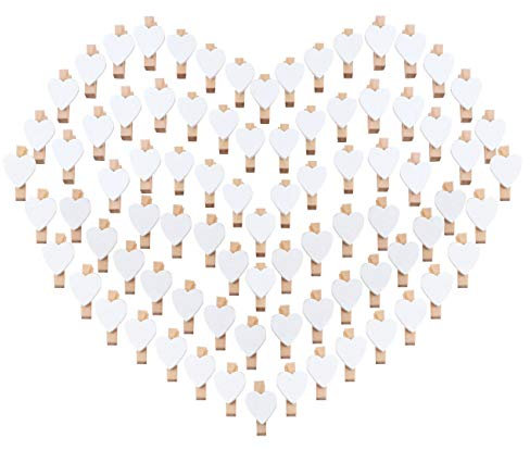 ABSOFINE 100PCS Mini Mollette Legno Mollettine Decorative Cuore Bianche Foto Biglietti Scrapbooking Matrimonio Bianco