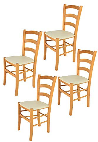 Tommychairs - 4er Set Stühle VENICE für Küche und Esszimmer, Robuste Struktur aus lackiertem Buchenholz im Farbton Honig und gepolsterte Sitzfläche mit Kunstleder in der Farbe Elfenbein bezogen