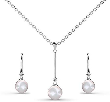 Silber-Kette Anhänger & Ohrringe Schmuck-Set (auch einzeln) mit Zirkonia Stein | 925 Sterling Silber | Vergoldet mit 18K Weißgold | Mit Perle | Pearl Bar (Anhänger mit Kette & Ohrsteckern)