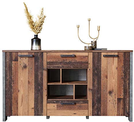 Newfurn Kommode Betonoptik Dunkelgrau Old Wood Sideboard Vintage Indurstrial - 156,4x86,3x41,6 cm (BxHxT) - Highboard Anrichte - Wohnzimmer Schlafzimmer Flur Esszimmer