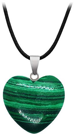 BlackAmazement Anhänger Halskette Naturstein Herz Heart Rosenquarz Blaufluss Aventurin Türkis Amethyst Jade Weiß Malachit Blauer Onyx Watermelon Tigerauge Goldfluss Damen (Malachit mit Kette)