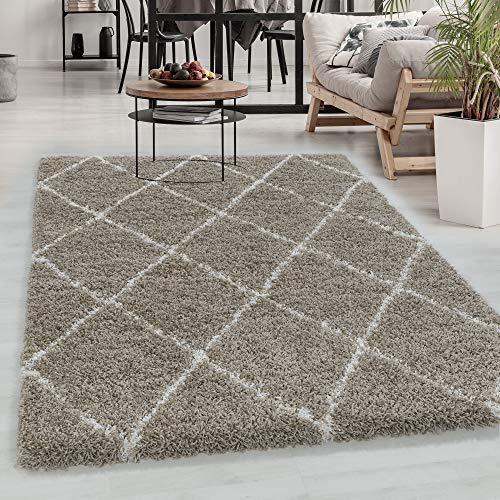 Carpetsale24 Hochflor Teppich Beige 280x370 cm Rauten Design Flauschig- Langflor Wohnzimmerteppich Skandinavischer Stil Shaggy großer Teppich