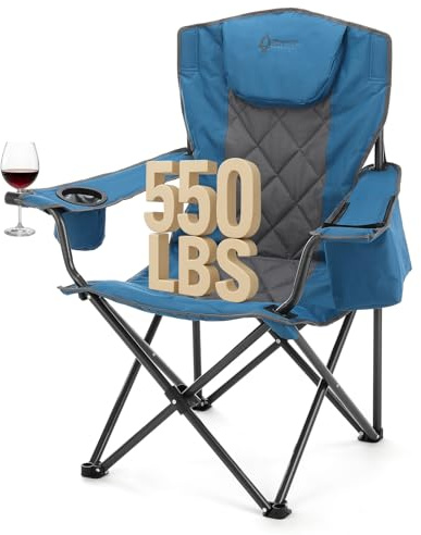 ARROWHEAD OUTDOOR Portable Deluxe Folding Camp Quad Chair w/Headrest, Glass & Cup Holders, Armest 6-can Cooler, Heavy Duty Carry Bag, 550 lbs Weight Capacity