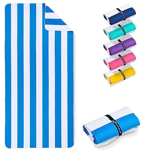 Fit-Flip Strandtuch XXL - Mikrofaser Badetuch - Strandtücher leicht und schnelltrocknend - 100% recyceltes Mikrofaser Handtuch - Strandhandtuch zum Baden (Himmelblau-Weiß gestreift 200x90cm)