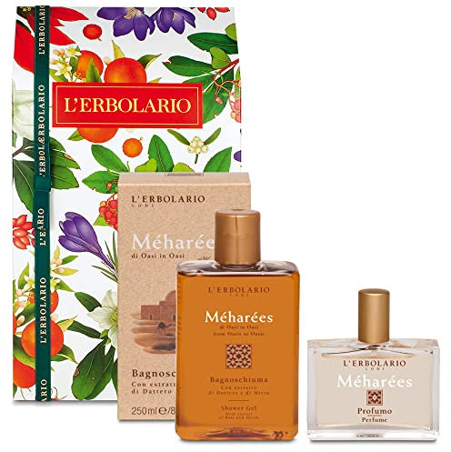L'Erbolario – Geschenkbox MEHAREES Duo – in Originalverpackung – Duschgel 250 ml + Parfüm 50 ml + gratis Florinda Pflanzenseife 50 g