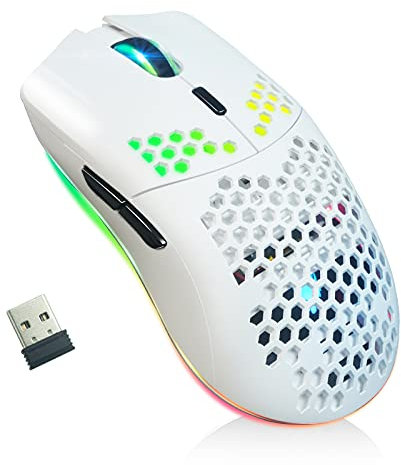 XZXWZX Mouse da Gaming Wireless con Guscio a Nido D'ape,11 Retroilluminato RGB Chroma,3.400 DPI,6 Pulsanti Programmati,Ricevitore USB,Risparmio Energetico,Mouse Wireless per PC/Mac/Laptop Bianco