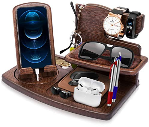 Geschenke für Männer Geburtstag Holz Telefon Dockingstation Uhren Geldbörsen Nachttisch Organizer Weihnachten Männer Geschenk, Geburtstagsgeschenke für Männer oder Vater Schreibtisch Organizer Holz