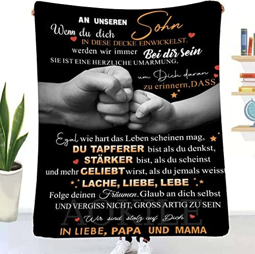 AOKILE Personalisierte Kuscheldecke An unsere Sohn von Eltern,Deutsche An Meine Sohn Decke Von Mama und Papa,Briefdecke Nachricht Luftpost Wohndecke Couch Bett Tv-Decken(Eltern zu Sohn,150×200)
