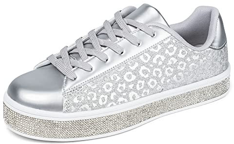 UUBARIS Scarpe da ginnastica da tennis glitterate da donna con strass scintillanti scarpe da sposa luccicanti scarpe da sposa lucide con paillettes, Glitter con stampa leopardata argento, 40 EU