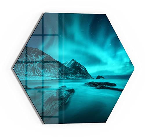 DEQORI Glasbild Echtglas | Motiv Polarlichter in Norwegen | sechseckig einteilig 55x47,6 cm | schöne Dekoration | Wandbild für Wohnzimmer, Schlafzimmer, Flur & Küche | moderne Wanddeko