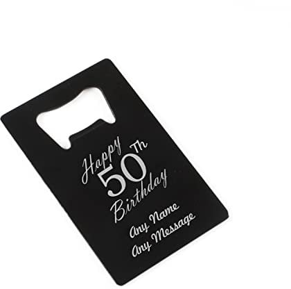 Personalised Engraved Black Stainless Steel Card Bottle Opener, Happy 50th Birthday Design, Pocket Wallet Portable Bottle Opener, Birthday Gift, Gift for Him, Home Bar Accessories, Engraved in The UK