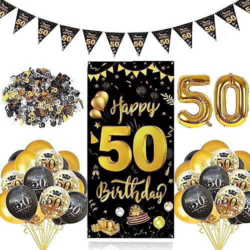GoldRock 32 Stück 50 Geburtstag Deko Schwarz Gold Set, 50 Geburtstag Männer,Deko 50 Geburtstag Frauen,Luftballons 50. Geburtstag,Folienballons 50 Jahre,50er Geburtstag Mann Banner,Konfetti,Wimpelkette