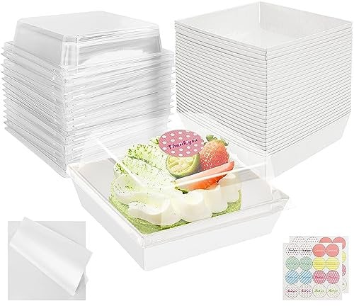 CoKeeSun 30 Stück Kuchen Transportbox Pappe,12cm Muffin transportbox mit Transparentem Deckel, Cupcake Box mit Backpapier und Aufkleber, Take Away Box für Sandwich, Macarons (Weiß)