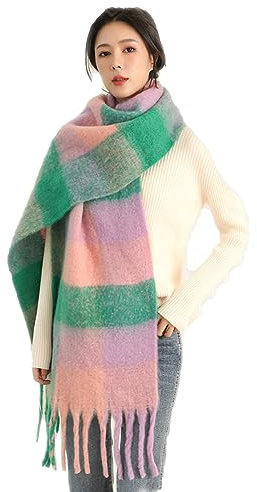 Damen Schal, Kariert übergroßer Winter SchaltuchKaro Schultertuch Plaid Deckenschal Modeschal Weich Warm Strickschal Oversized Herbstschal Warme Winter Stola mehrfarbig,Lila Rosa Grün