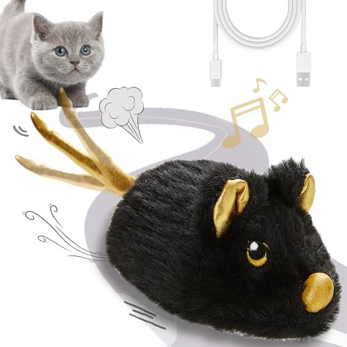 Vealind Cat Toys Rechargeable Mouse with Wagging Tail, Lifelike Squeak Chirping Electronic Mice for Indoor Cats, USB Touch Activated Kitten Toys (Black)