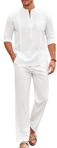 COOFANDY 2-teiliges Herren-Set, Baumwolle, lässig, langärmelig, kubanisches Henley-Shirt und lockere Hose, Strandurlaub-Outfits, Farbe: Weiß, Large