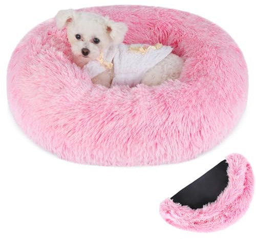 COMSLE Panier Rond Chat et Chien, Coussin en Peluche Moelleux Donut, Dehoussable et Lavable, Anti-Anxiété pour Petit et Moyen, Rose Dégradé, 40CM