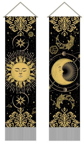 AHANDMAKER Packung Mit 2 Wandteppichen Mit Sonne Und Mond, Konstellation Und Universum, Mystischer Wandteppich In Schwarz Und Gold, Quasten-Wandbehang Für Den Raum, 13 x 51 Zoll