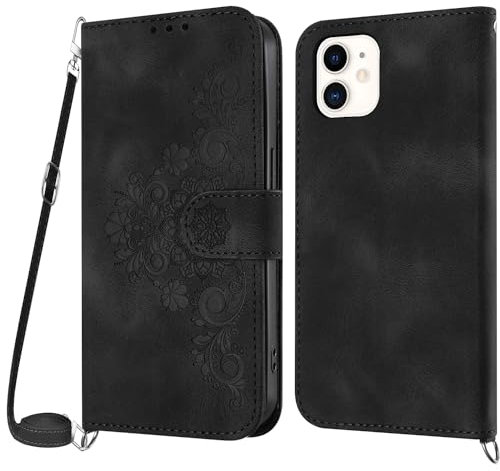 Netany Handykette Hülle für iPhone 11, Handyhülle für iPhone 11 (6,1 Zoll) Hülle mit Kette Klappbar, PU Leder Necklace Klapphülle und Umhängeband Lanyard Flip Stoßfest Schutzhülle mit Band (Schwarz)