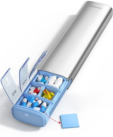 VAYDEER 7 Day Pill Box – Compact Weekly Metal Organiser for Vitamins, Supplements & Travel, Moisture-Proof Design (Silver)