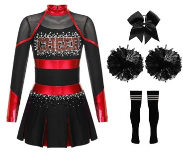 TiaoBug Mädchen Cheerleading Kleid Neckholder Tanzkleid mit Cheer Buchstaben Sport Schule Gruppentanz Outfits E Rot Schwarz 134-140