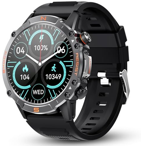 WalkerFit Montre Connectée Homme: Smart Watch Militaire Robuste et Étanche avec 1,43 AMOLED, Smartwatch avec Podometre 410mAh Batterie, 120+ Modes Sport, Compatible Android/iOS (Noir)
