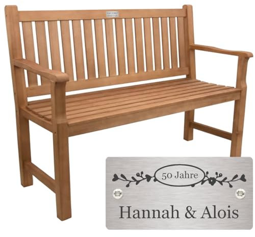 Sterngraf Bank zur goldenen Hochzeit mit Gravur-Schild zB. Ranken Zahl (Namen), Gartenbank 120cm Holz Armlehnen-Bank, Edelstahlschild personalisiert Geschenk-Idee Jubiläumsbank 50. Hochzeitstag