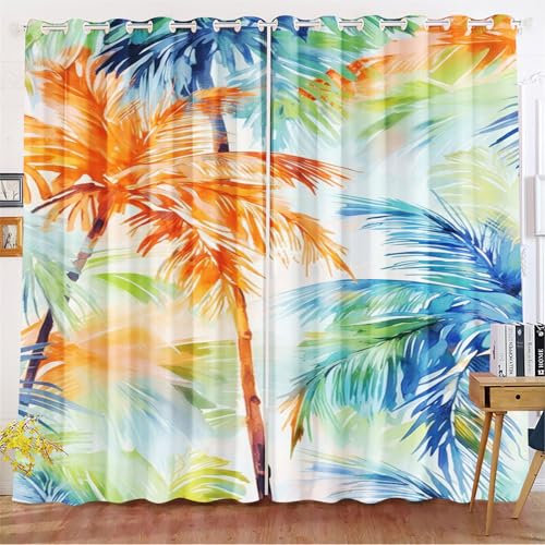 Qiqumax Palmenblätter Gardinen Verdunklungsgardine Grüne Tropische Pflanze Blume Muster Vorhänge Monstera Und Palmblätter Digitaldruck Verdunkelungsvorhänge (1,280x180cm(BxH)/ 140x180cmx2)