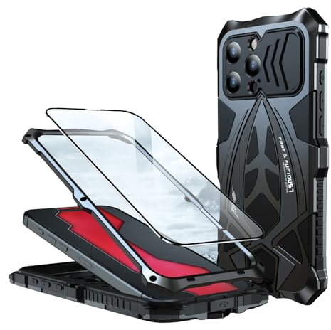 CeeEee Hülle für iPhone 16 Pro Max Outdoor Militär Protction Case Stoßfeste Metall Handyhülle mit Bildschirmschutz Panzerhülle - Schwarz