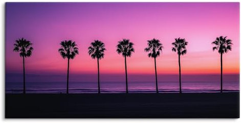 Paul Sinus Wandbild auf Leinwand in 120x60cm Sonnenuntergang Palmen Tropen Meer Himmel Violett Leinwand