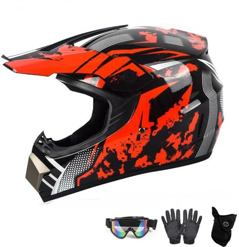 Kinder Motorradhelm,Jugend Offroad-Helme,Downhill Fullface Motocross Helm,MTB ATV MX-Helme,Crosshelme Motorradhelme,Fullface Helm MTB Mit Brille Handschuhe(A,L(56~57cm))