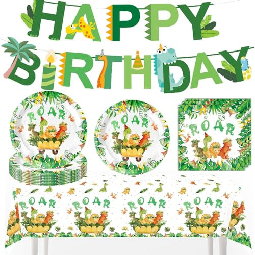 Dino Set di stoviglie per feste – 20 ospiti, decorazione per feste di compleanno, piatti di carta, tovaglioli, tablecloths, Happy Birthday Banner per feste di compleanno dei bambini, decorazione per