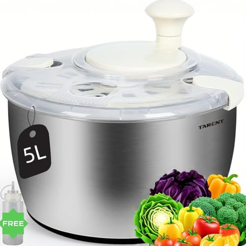 Tarent Salatschleuder Edelstahl 5L mit Quetschflasche, Auch als Salatschüssel Groß und Nudelsieb - Ideal Salatschleuder für die Küche zum Salat Waschen, Nudeln Abgießen und Salat Abtropfen Lassen