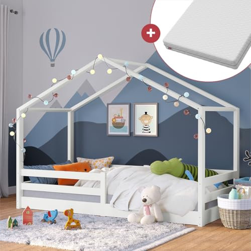 Bellabino Abia Kinderbett 90x200 cm – Hausbett mit Matratze, Rausfallschutz & Lattenrost – Montessori Bodenbett aus Massivholz Kiefer – Kinder Bett in Weiß für Jungen und Mädchen