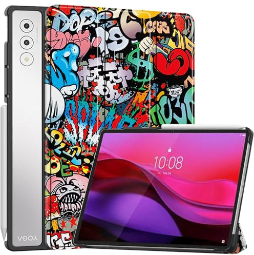 Case Compatible with Lenovo Yoga Tab Plus/Yoga Pad Pro 12.7 Inch with Auto Wake/Sleep, Flip Cover PU Leather, Protective Three Folding Hard Back Shell Stand, Graffiti