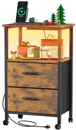 Bedside Table - Bedside Cabinet with Charging Station - Storage Nightstand Side Tables with 2 Large Capacity Fabric Storage Drawers, 42cm Wide Bed Side Table with Led Lights for Bedroom, Living Room