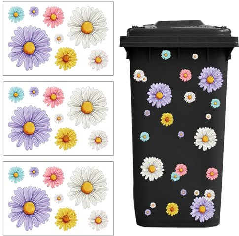 Wheelie Bin Stickers Flowers, 3 Sheets Flower Bin Sticker for Wheelie Bin Daisy Dustbin Sticker Self Adhesive Wheelie Bin Labels Waterproof Daisy Stickers for Bins, Fridge, Wall Decoration