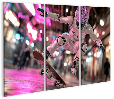 islandburner Bild auf Leinwand Roboter Skater in Neonstadt Bilder Wandbilder Poster
