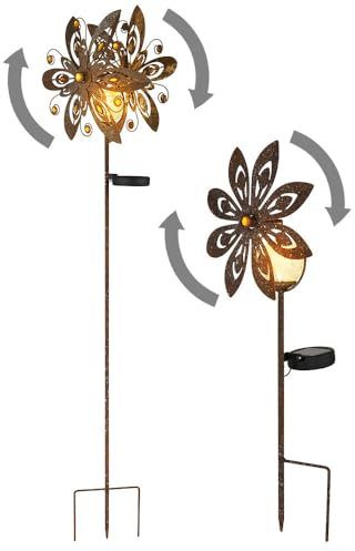 GLOBO Solarleuchte Windrad Solarlampe Erdspieß Gartendeko Solar Gartenstecker rost, Metall, LED warmweiß, 2er Set