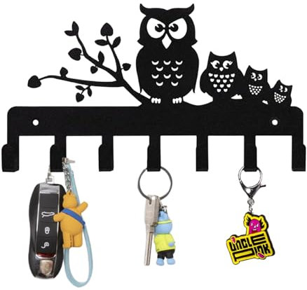 Zasjon Porte Clef Mural Accroche Clef Mural avec 7 Crochets, Patère en Métal Noir Multifonctionnel Décoratif Rangement pour Clés, Mur, Entrée, Couloir, Bureau, Porte (Hibou)