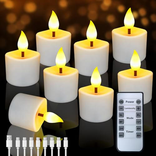 8 Stück Wiederaufladbar LED Teelichter, Kerzen mit Timer und Fernbedienung | LED Flammenlose Flackernde LED Kerzen Teelichter, Wasserdicht Elektrische für Halloween Weihnachten Zimmer Deko