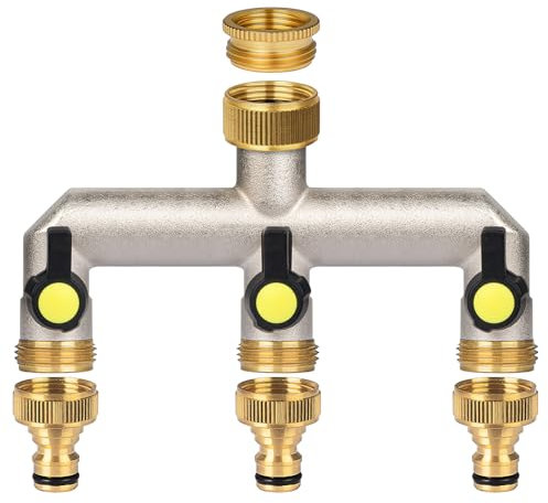 ilauke Brass Hose Splitter 3 Way, 3/4 Tap Garden Hose Splitter Outdoor Tap Water Distributor with 3 Individual Valves and 1/2 Tap Connector Adapter for Home, Yard, Washing Machine, Garden Hoses