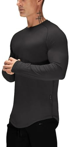 Slim Fit Langarmshirt Herren Baumwolle Muscle Shirt Longsleeve Tshirt Männer Fitness Shirt Basic Langarm Shirts(BK, L)