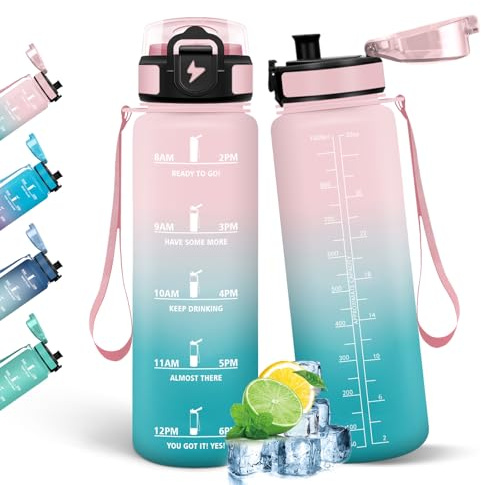 HoneyHolly Trinkflasche 1L, Auslaufsicher mit Zeitmarkierung, Wasserflasche, Sportflasche mit Filter, Trinkflasche Kohlensäure Geeignet, Flasche, Wasserflasche Sport für Outdoor, Fahrrad, Fitness