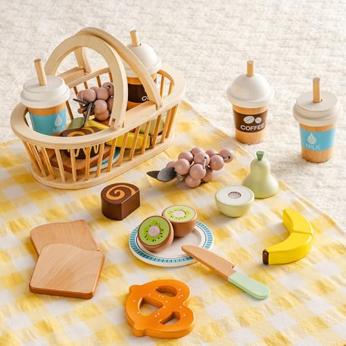 ROBUD Kids Wooden Picnic Play Food Set, 14 PCS Cutting Toy with Basket, Fruits, Bread, Cake Roll, Coffee, Milk, Plate, Knife & Picnic Cloth, Pretend Play Kitchen Accessories for Toddlers 3+