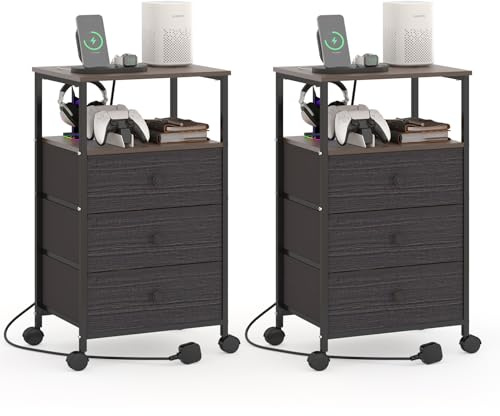 Innotic 2 Sets Nachttisch mit Rollen,75cm * 29cm * 36cm, Beistelltisch mit Steckdose,6 Schubladen,für Schlafzimmer, Wohnzimmer (Walnuss)