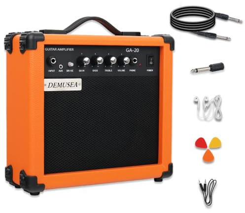 Demusea Electric Guitar Amplifier 20w Guitar amp Orange Color Portable Travel amp aux in Drive gain bass Treble Volume Headphone for Beginner Starter Practice amp noiseless Cable Pick Adapter in
