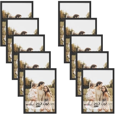 WOLTU Bilderrahmen A3, 10er set, MDF-Holz Fotorahmen mit Passepartout | Schwarz, Posterrahmen für Poster, Fotos, Puzzle, aufhängbar & aufstellbar, Collage-Wanddeko mit bruchsicherer PS-Platte