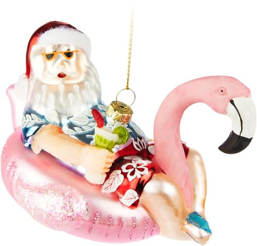 BRUBAKER Weihnachtsmann Macht Urlaub - Handbemalte Weihnachtskugel aus Glas - Santa auf Flamingo Schwimmring Rosa mit Sonnenbrille und Cocktail - Christbaumschmuck Figur - Lustige Baumkugel - 12 cm