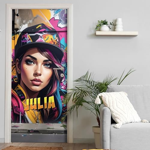 Türtapete selbstklebend | personalisiert mit Namen | 200 x 90 cm Street Art Urban Mädchen | Tür Aufkleber Poster Türfolie | Einteilig | Wasserfest 3D Türaufkleber Wandtattoo Türposter Teenager